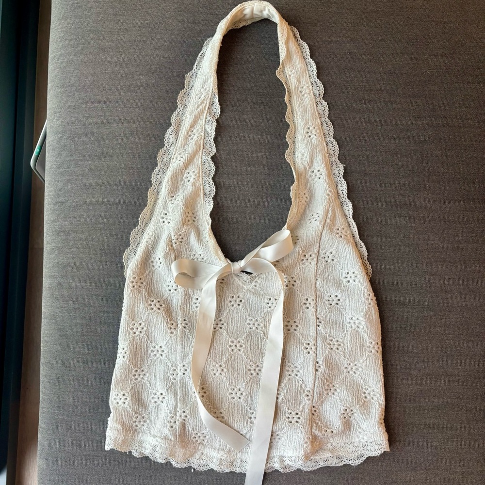 White plunge backless halter top
